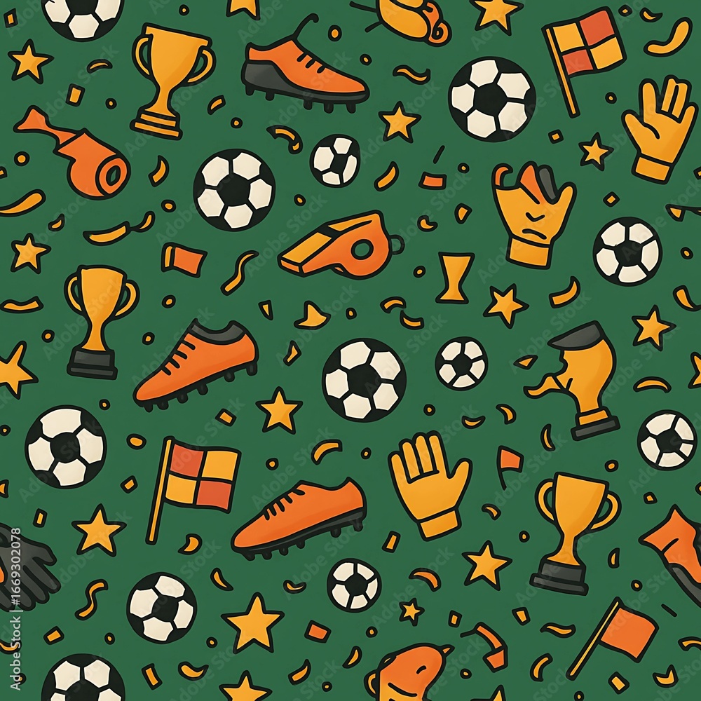 Soccer accessory seamless pattern with balls flags whistles stars and trophy shapes on green Soccer accessory seamless pattern with balls flags whistles stars and trophy shapes on green