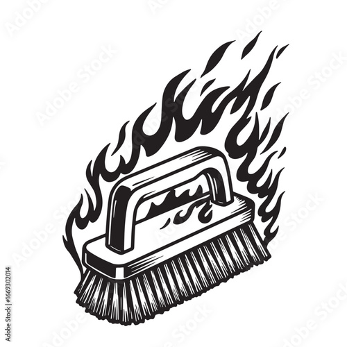 Burning scrub brush illustration depicting cleaning power in vintage monochrome style