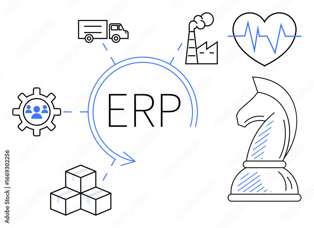 ERP concept central with supply chain truck, organization gear, manufacturing factory, strategy chess knight, healthcare heartbeat, and logistics stacks. Ideal for management, process automation ERP concept central with supply chain truck, organization gear, manufacturing factory, strategy chess knight, healthcare heartbeat, and logistics stacks. Ideal for management, process automation
