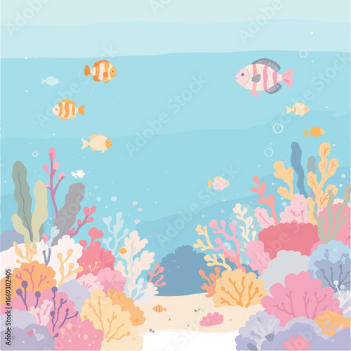 Colorful Handdrawn Underwater Coral Reef with Fishes Illustration Background