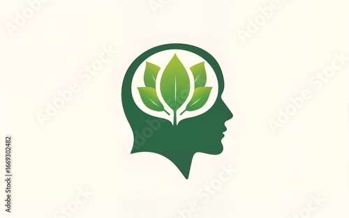 Simple mental health logo template. Head and nature leaf logo design vector illustration. High quality