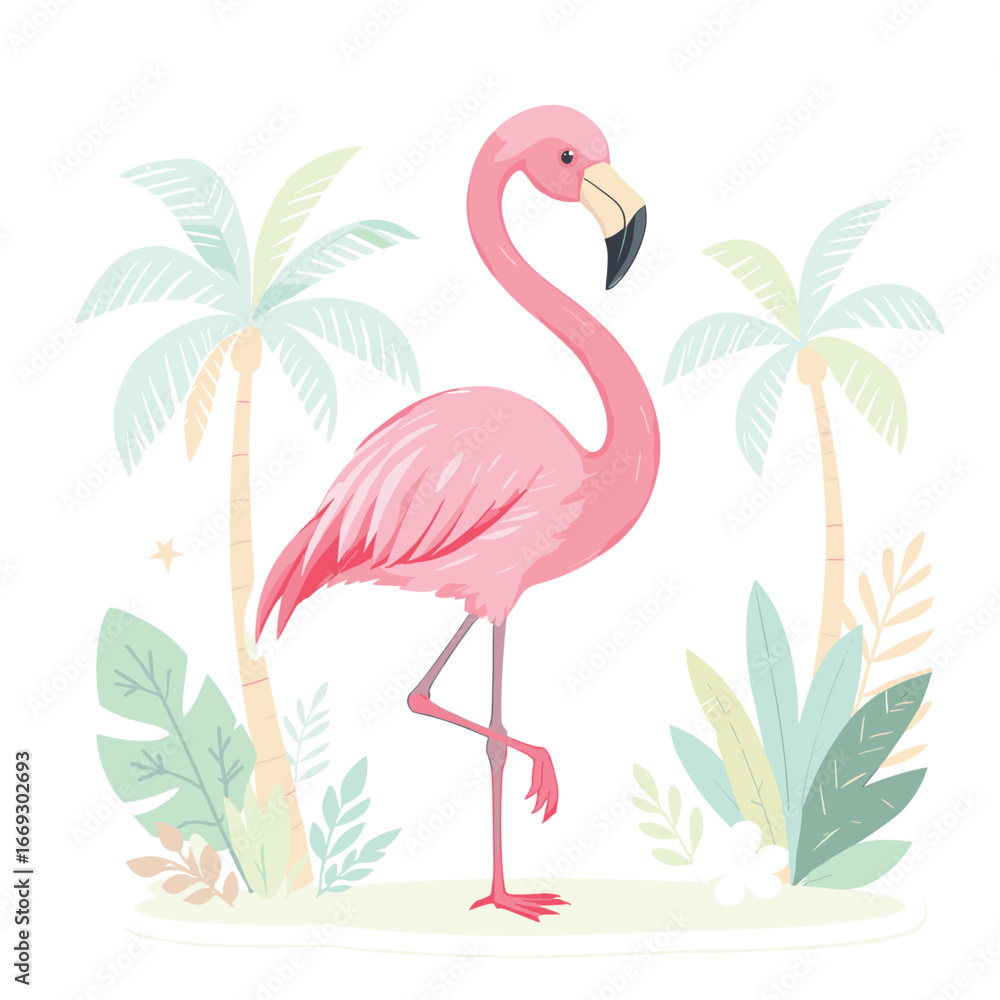 Obraz premium Pastel Illustration Flamingo with Tropical Palm Trees Nature Background Graphic