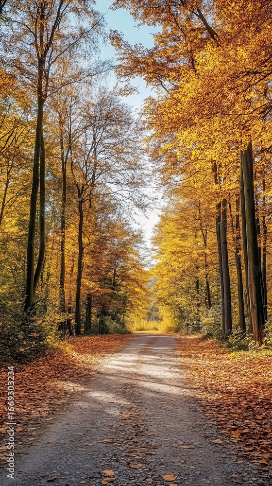 Fototapeta premium Autumnal forest path, sunlight filtering through golden trees