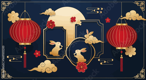 Elegant chinese lanterns and golden rabbits celebrate the mid autumn festival against a dark blue backdrop with decorative clouds and flowers, creating a festive atmosphere.