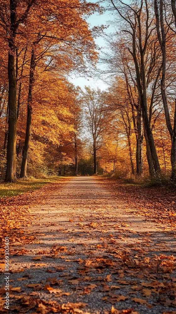Fototapeta premium Autumnal pathway through a golden forest