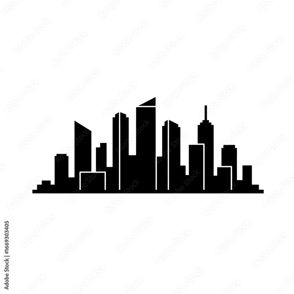 Fototapeta premium Simple black vector silhouette of a modern city skyline. Urban cityscape with skyscrapers icon isolated on a white background