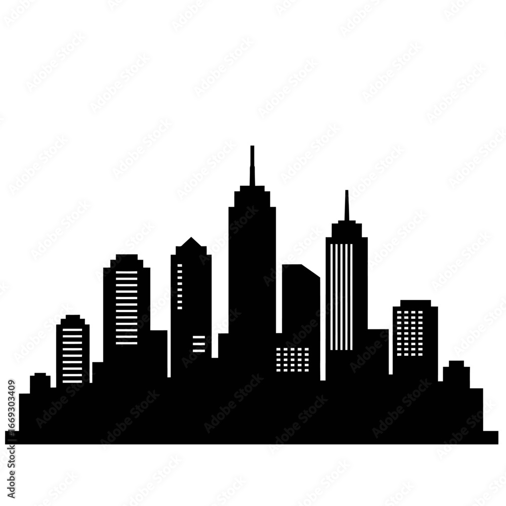 Fototapeta premium Vector graphic of a city skyline silhouette. Black urban cityscape with modern skyscrapers and architectural buildings isolated on a white background