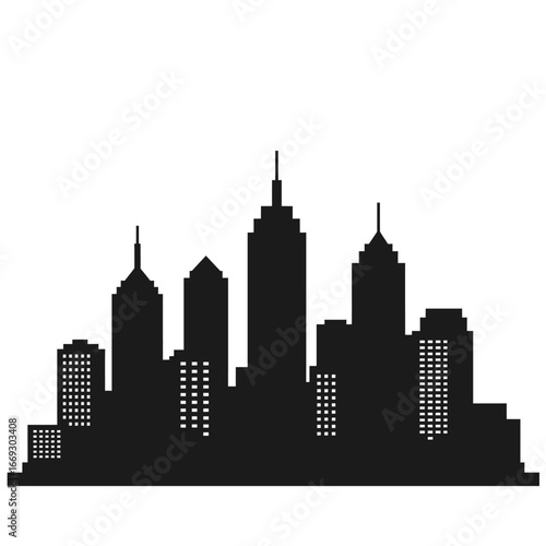 Black silhouette of a modern city skyline with tall skyscrapers, a vector graphic illustration for urban and architectural design concepts