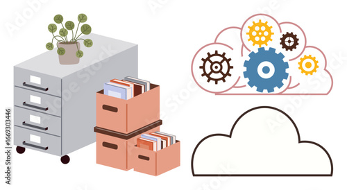 Office file cabinet, document boxes, cloud outline with gears symbolize data management, storage, and automation. Ideal for cloud computing, teamwork, data strategy, file system SaaS technology