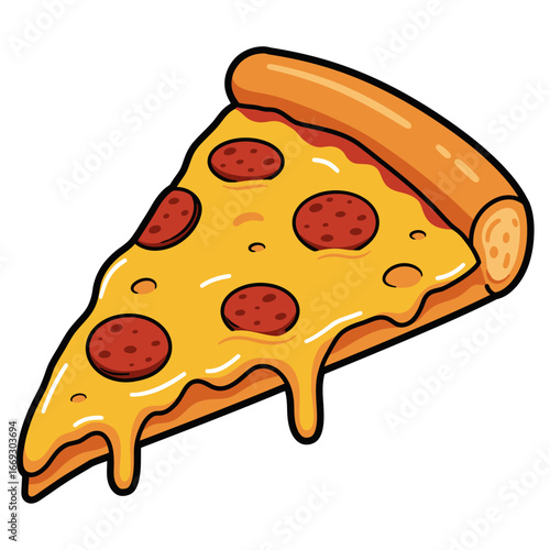 Cartoon style pepperoni pizza slice with dripping cheese. Isolated graphic vector element for takeaway menus, food blogs, or sticker designs
