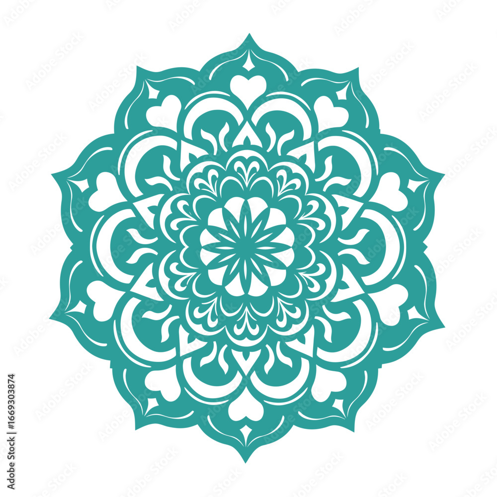 Decorative teal mandala vector with intricate heart and floral patterns. Symmetrical circular ornament for spiritual, yoga, and meditation concepts Decorative teal mandala vector with intricate heart and floral patterns. Symmetrical circular ornament for spiritual, yoga, and meditation concepts