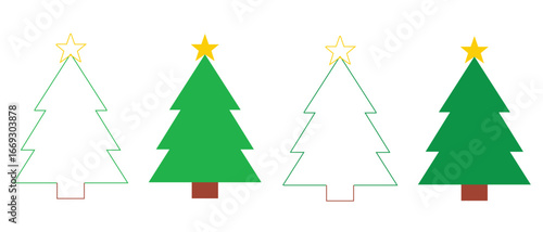 Christmas Tree Icon Set. Outline and Filled Variants with Star & Trunk.