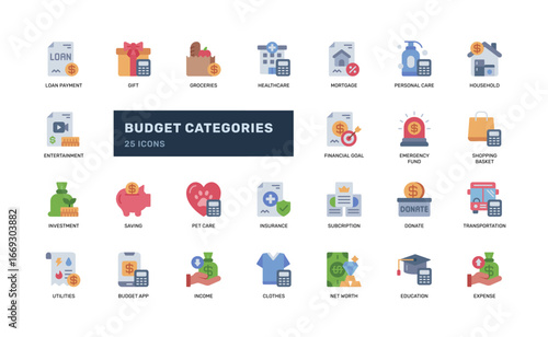Budget categories icon set flat style with saving and expense