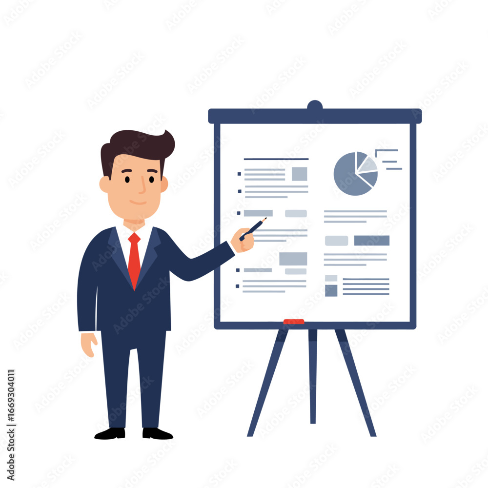 Businessman in a suit pointing at a presentation board with data charts and graphs. Vector illustration of a professional giving a report Businessman in a suit pointing at a presentation board with data charts and graphs. Vector illustration of a professional giving a report