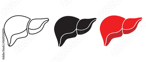 Human Liver Icon Set. Outline, Solid Black & Red Variants.