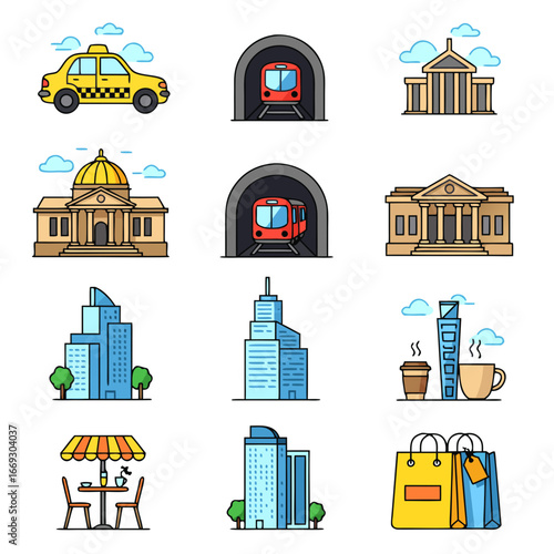 Collection of cartoon building, house, and shop icons for city, town, and urban architecture vector illustrations