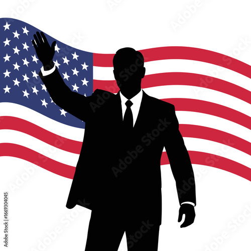 Graphic illustration of a charismatic figure's silhouette waving before the American flag, symbolizing national leadership, patriotism, civic duty, and democratic values