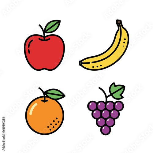 A vibrant collection of freshly outlined fruits, including a crisp red apple, sweet yellow banana, juicy orange, and purple grapes, ideal for healthy eating illustrations