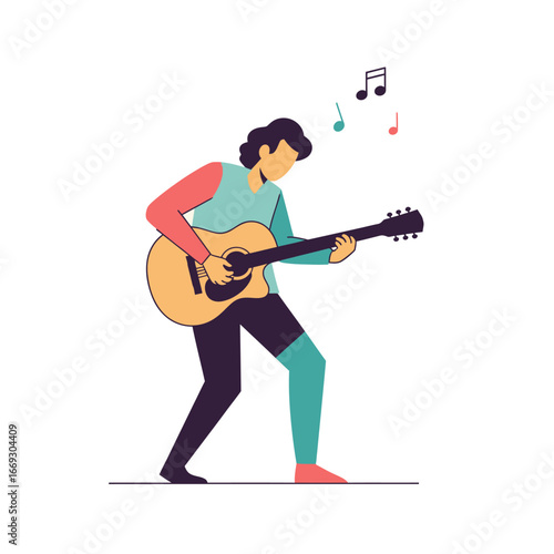 Stylish musician playing an acoustic guitar with musical notes. Flat vector illustration of a performer and artist creating music