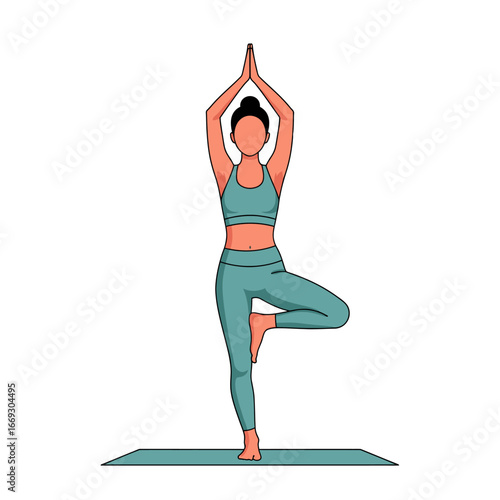Elegant vector illustration of a woman performing the Vrikshasana yoga tree pose, symbolizing balance, wellness, and mindful fitness