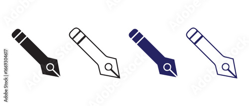Pen Nib Icon Set. Solid & Outline Variants in Black and Blue.