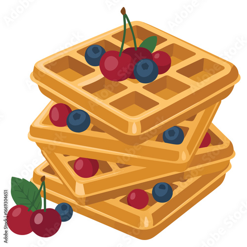 Homemade Belgian waffle sweet breakfast vector illustration on white background