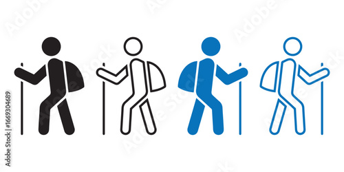 Hiking Icon Set. Black & Blue Variants of Backpacker Silhouettes.
