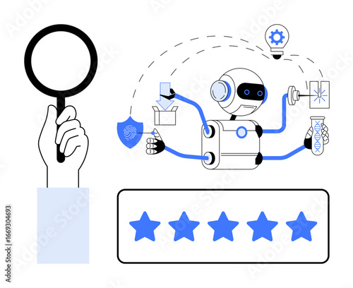 Robot analyzing data, multitasking with lab tools and delivery, magnifying glass inspecting, five-star rating. Ideal for AI, innovation, automation, research, quality technology future concept as