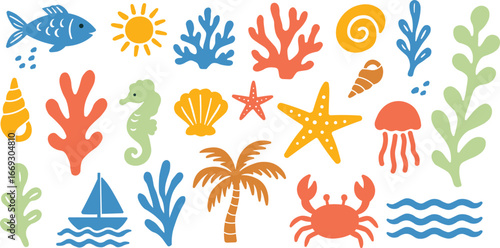 Beach and ocean vector illustration set, tropical summer clipart with fish, coral reef, seashell, starfish, palm tree, jellyfish, seahorse, crab, sun, boat and wave icons in flat colorful style