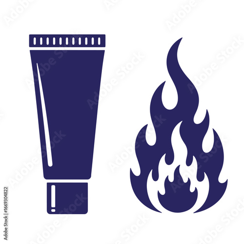 Cream tube and stylized fire illustration representing burning sensation on white background