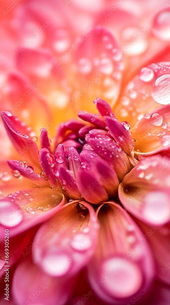 Fototapeta premium Close-up of a vibrant pink and orange dahlia flower with water droplets