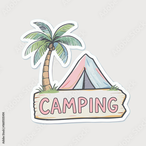 Watercolor Style Tropical Camping Scene with Tent and Palm Tree Illustration