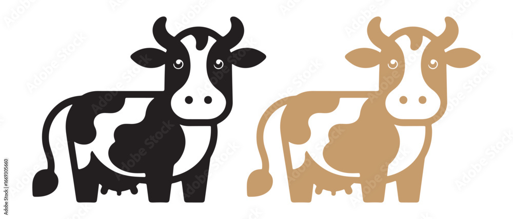 Obraz premium Cartoon Cow Icon Set. Black & Brown Farm Animal Illustrations for Kids & Design