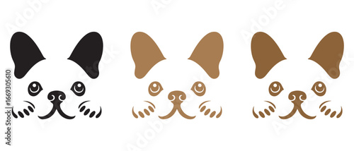 French Bulldog Face Icon Set. Cute Cartoon Variants in Black, Tan & Brown.