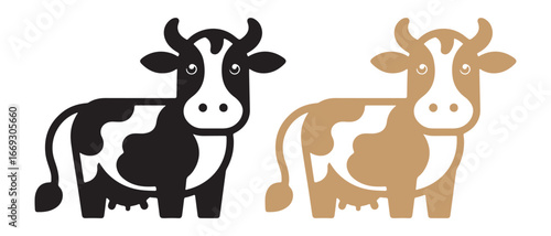 Cartoon Cow Icon Set. Black & Brown Farm Animal Illustrations for Kids & Design