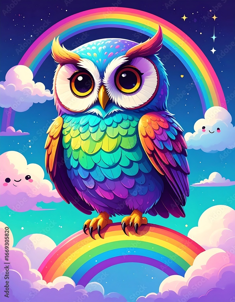 Fototapeta premium A vibrant rainbow owl perched atop a rainbow arc, set against a whimsical night sky with cartoonish clouds