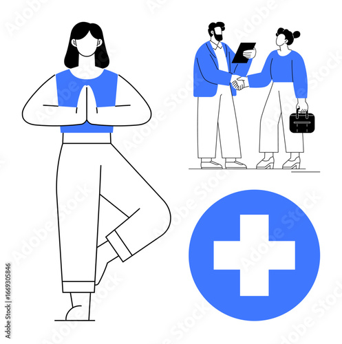 Woman practicing yoga in tree pose, two professionals shaking hands, and medical cross. Ideal for health, wellness, teamwork, workplace balance, healthcare, mindfulness simple flat metaphor