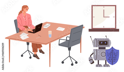 A professional woman focused on a laptop at a desk, protected by a robot displaying a shield. Clock reflects time emphasis. Ideal for tech, productivity, security, AI, time management, innovation
