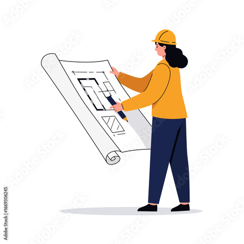 A diligent female architect, wearing a yellow hard hat, carefully examines detailed building blueprints, planning new construction and design projects.