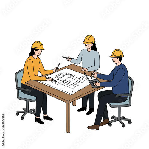 Three architects or engineers in hard hats are collaboratively reviewing blueprints and discussing a new construction project design.