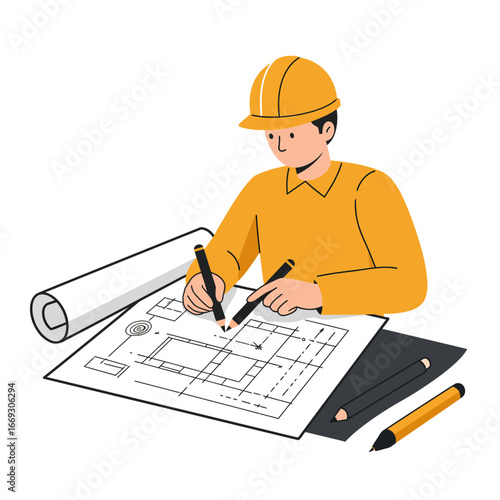 A diligent architect or engineer in a yellow hard hat meticulously draws a detailed blueprint, symbolizing planning, construction, and professional design work.