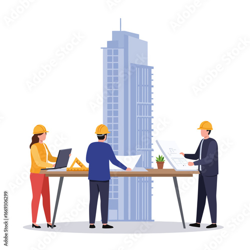 A team of architects and engineers collaborates on a new building project, reviewing blueprints and design plans for a modern skyscraper.