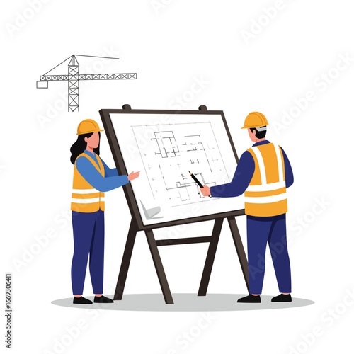 Professional architects or engineers in safety gear meticulously analyze a detailed building blueprint, collaborating on design plans for a new construction project.