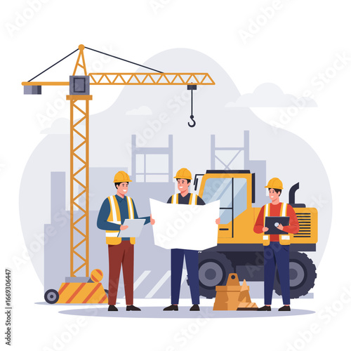 Professional engineers and foremen review architectural blueprints together on a bustling construction site featuring a towering crane and excavator.