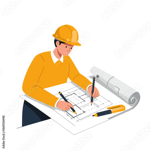 A dedicated architect meticulously drafts detailed blueprints for a new building project, showcasing professional expertise in design and construction planning.