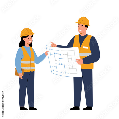 A dedicated male and female construction team, dressed in protective gear, meticulously examine building blueprints, planning future development.