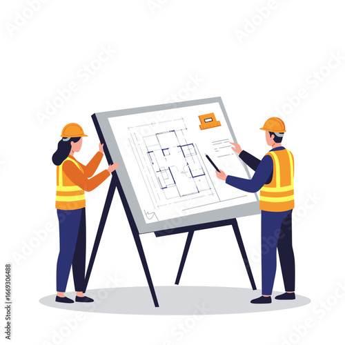 Two professional architects or engineers, wearing safety gear, meticulously review and discuss detailed building blueprints on a large easel during a collaborative project.