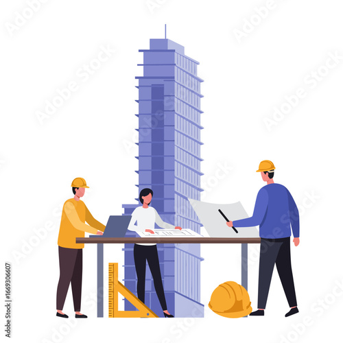 A professional team of architects and engineers collaborates diligently on an urban development project, carefully reviewing blueprints and digital plans for a modern skyscraper.