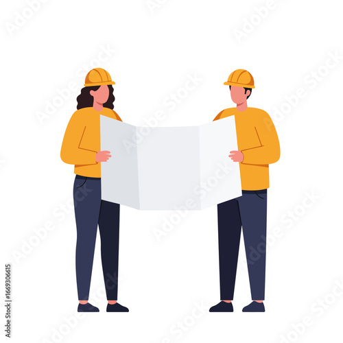 Professional architects in safety helmets meticulously review detailed building blueprints, collaborating on an important construction project with focused determination.