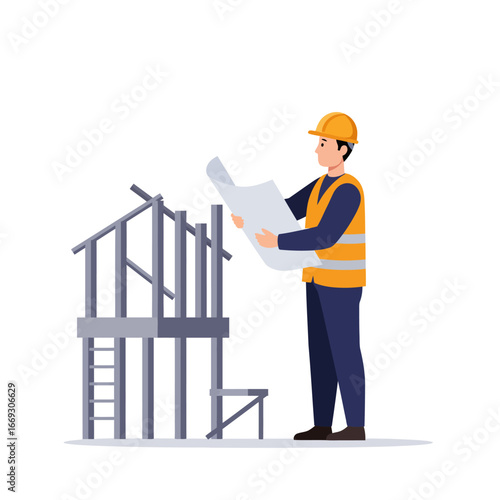 A professional construction worker meticulously examines architectural blueprints, supervising the initial framing of a new building project on site.